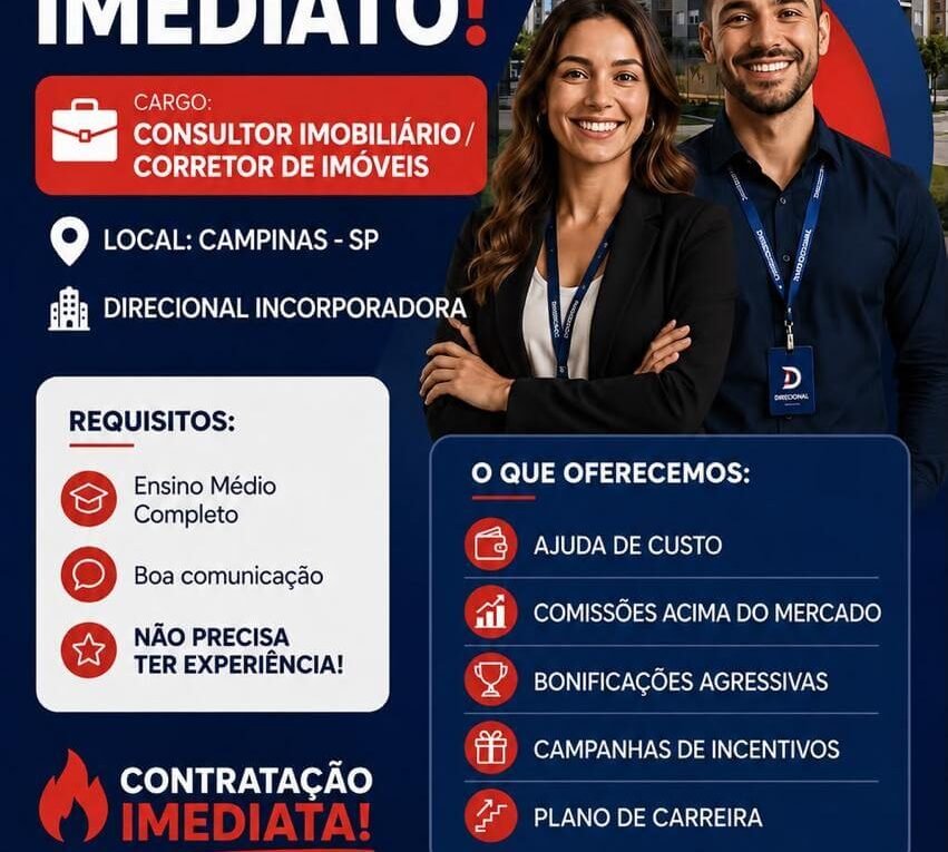 Vaga Corretor de Imoveis Direcional Incorporadora em Campinas