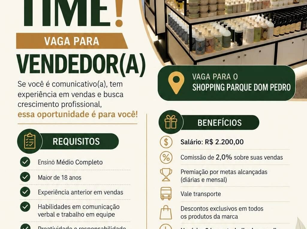 Vaga Espumaria no Shopping Parque Dom Pedro Vendedor