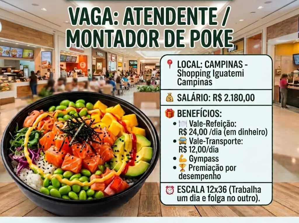 Vaga Joken Poke no Shopping Iguatemi Campinas Atendente Montador de Poke