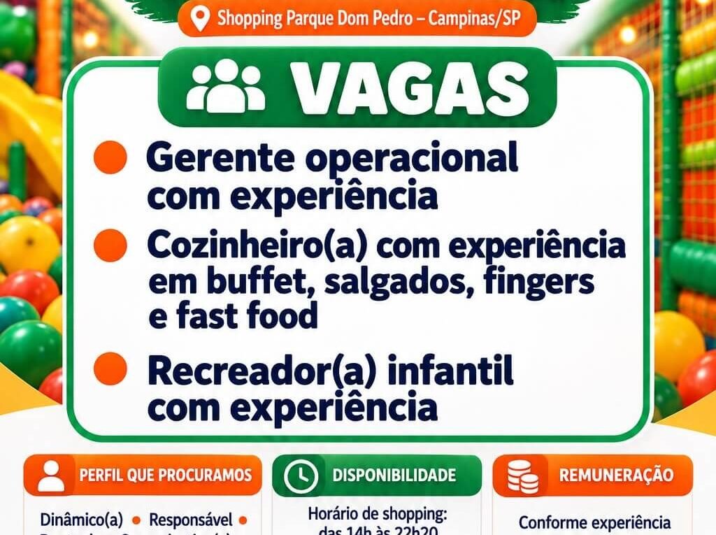 Vaga Parque do Joka em Campinas Gerente Operacional Cozinheiro e Recreador Infantil