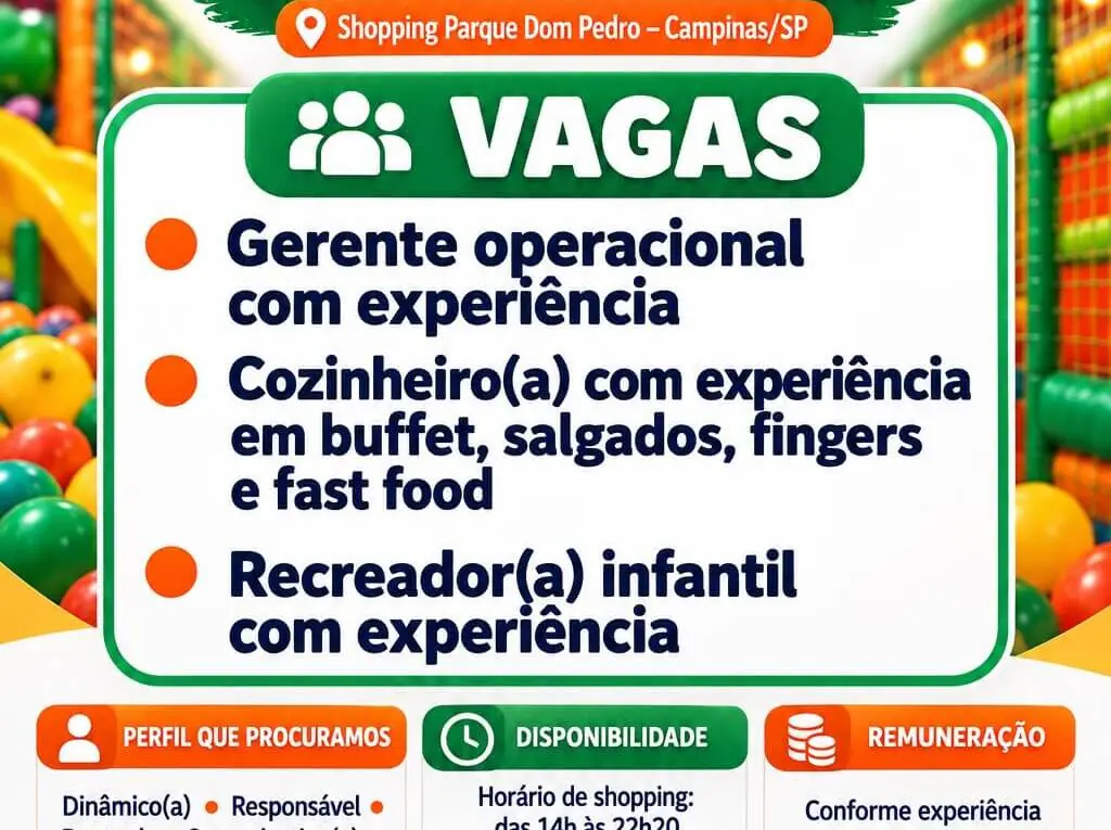 Vaga Parque do Joka em Campinas Gerente Operacional Cozinheiro e Recreador Infantil