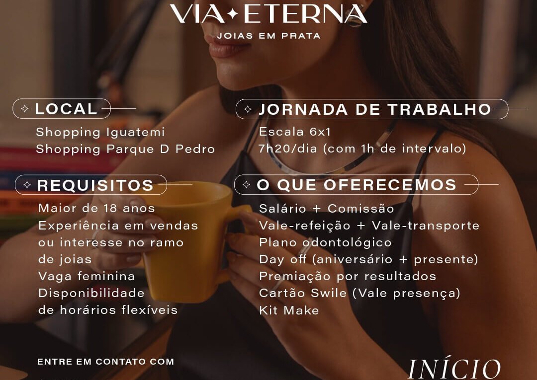 Vaga Via Eterna Joias Vendedora com Início Imediato