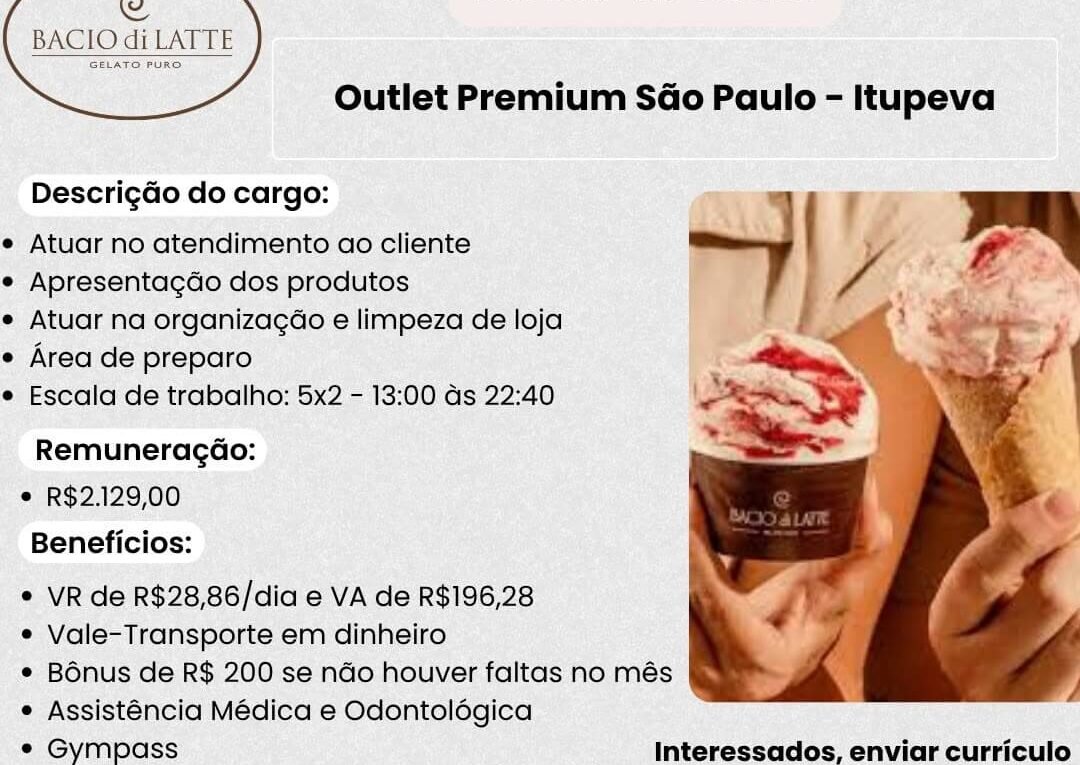 Bacio di Latte Contrata Atendente no Outlet Premium de Itupeva