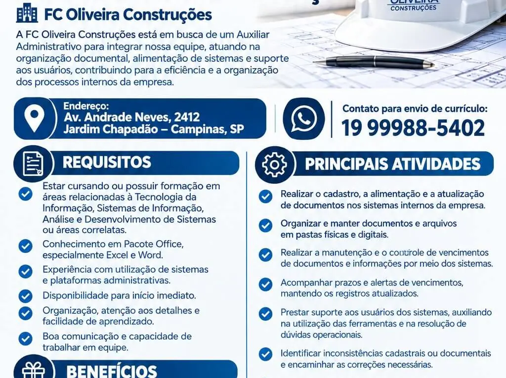 Vaga FC Oliveira Construções Auxiliar Administrativo